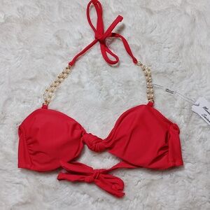 New mermaid swimwear red halter w/ pearl straps bikini top women's medium